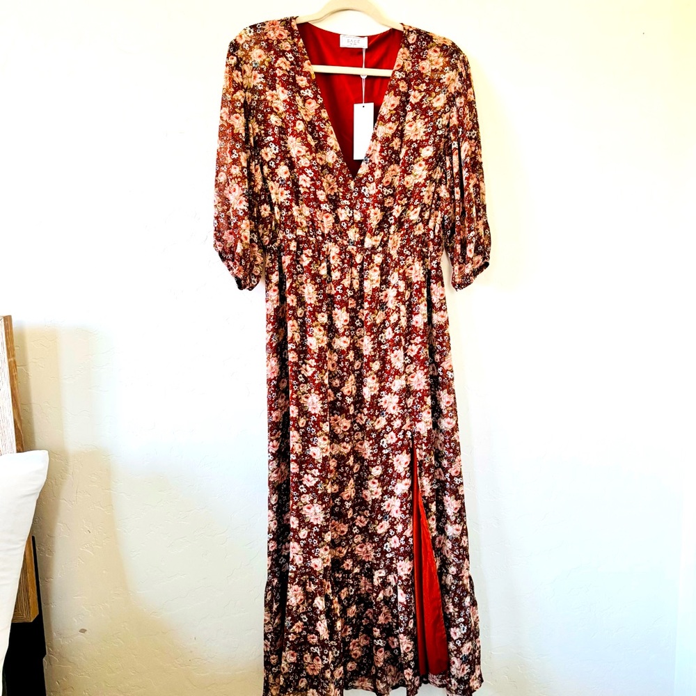 Sage Floral V-Neck Long Sleeve Maxi Dress in Burgundy and Rust Accent